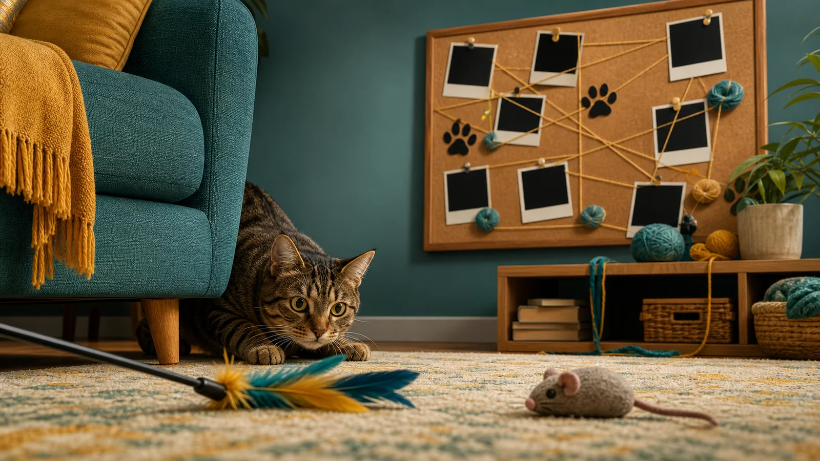 Playful tabby stalking a feather wand and toy mouse beside a comic yarn-and-paw-print investigation board