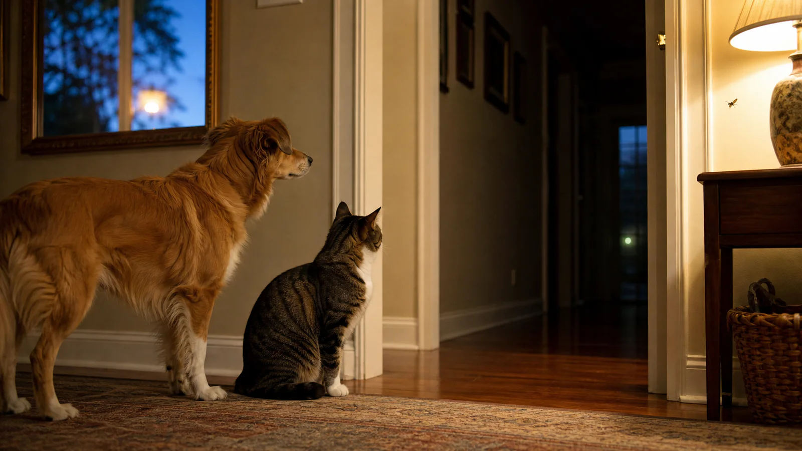A cat and dog pause together and look toward a dim hallway while a moth sits near a lamp